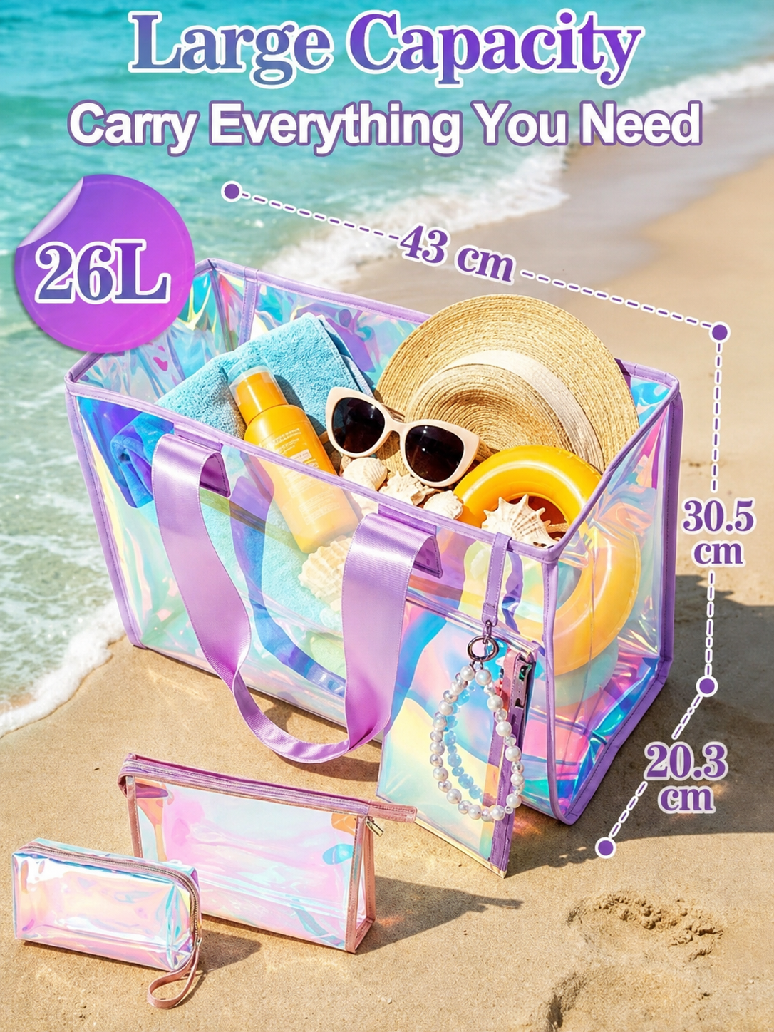 Iridescent Beach Bag Set – Large Tote bag with Matching Pouch