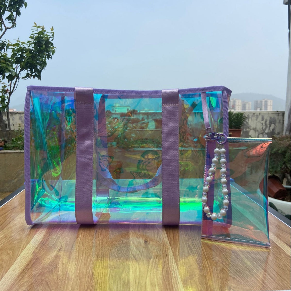 Iridescent Beach Bag Set – Large Tote bag with Matching Pouch