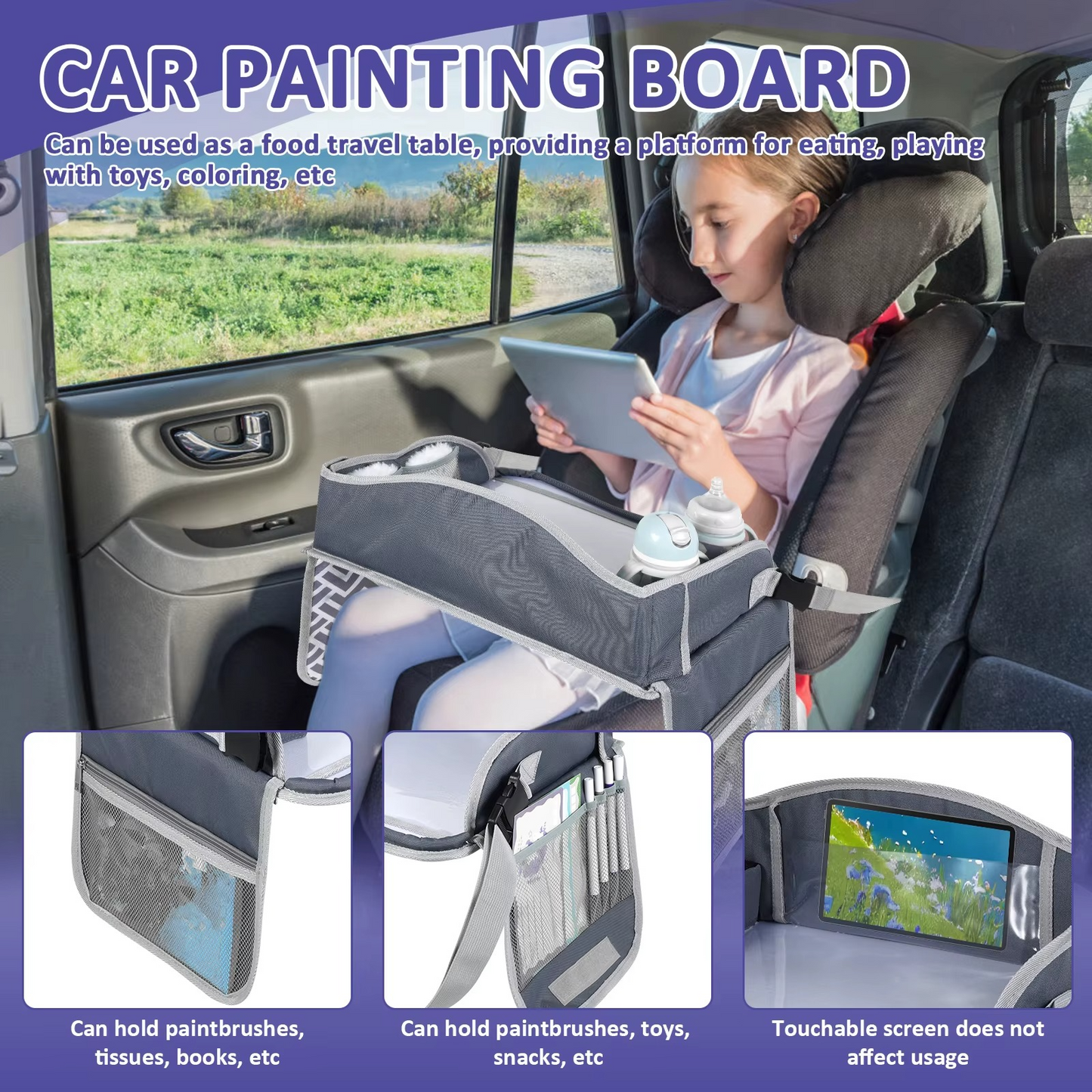 Kids Travel Tray for Car Seat – Foldable Lap Desk with Tablet Holder