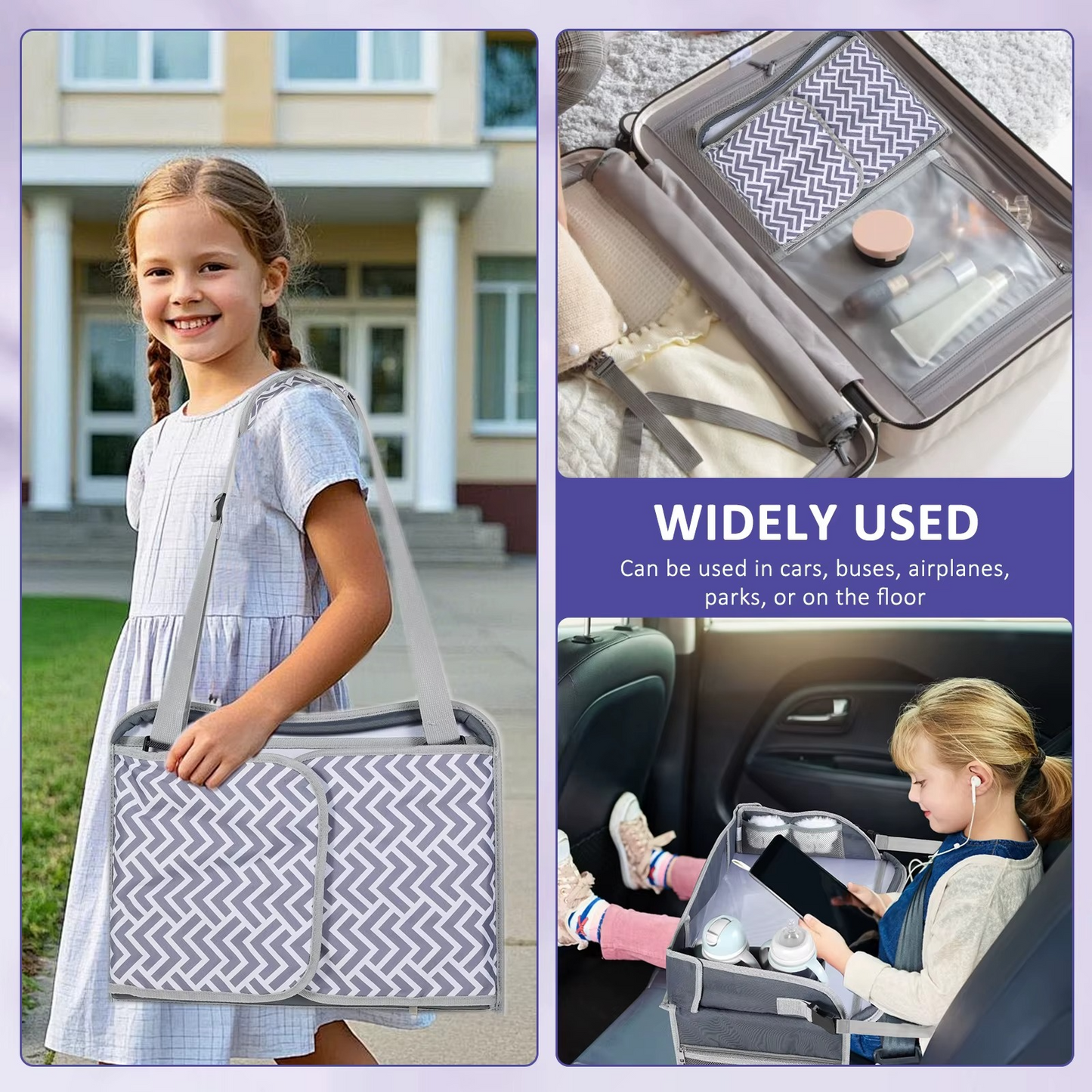 Kids Travel Tray for Car Seat – Foldable Lap Desk with Tablet Holder